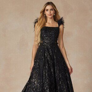 NEW SLEEVELESS A-LINE POLYESTER DRESS EMBROIDERED WITH SEQUINS & FEATHERS JT 297